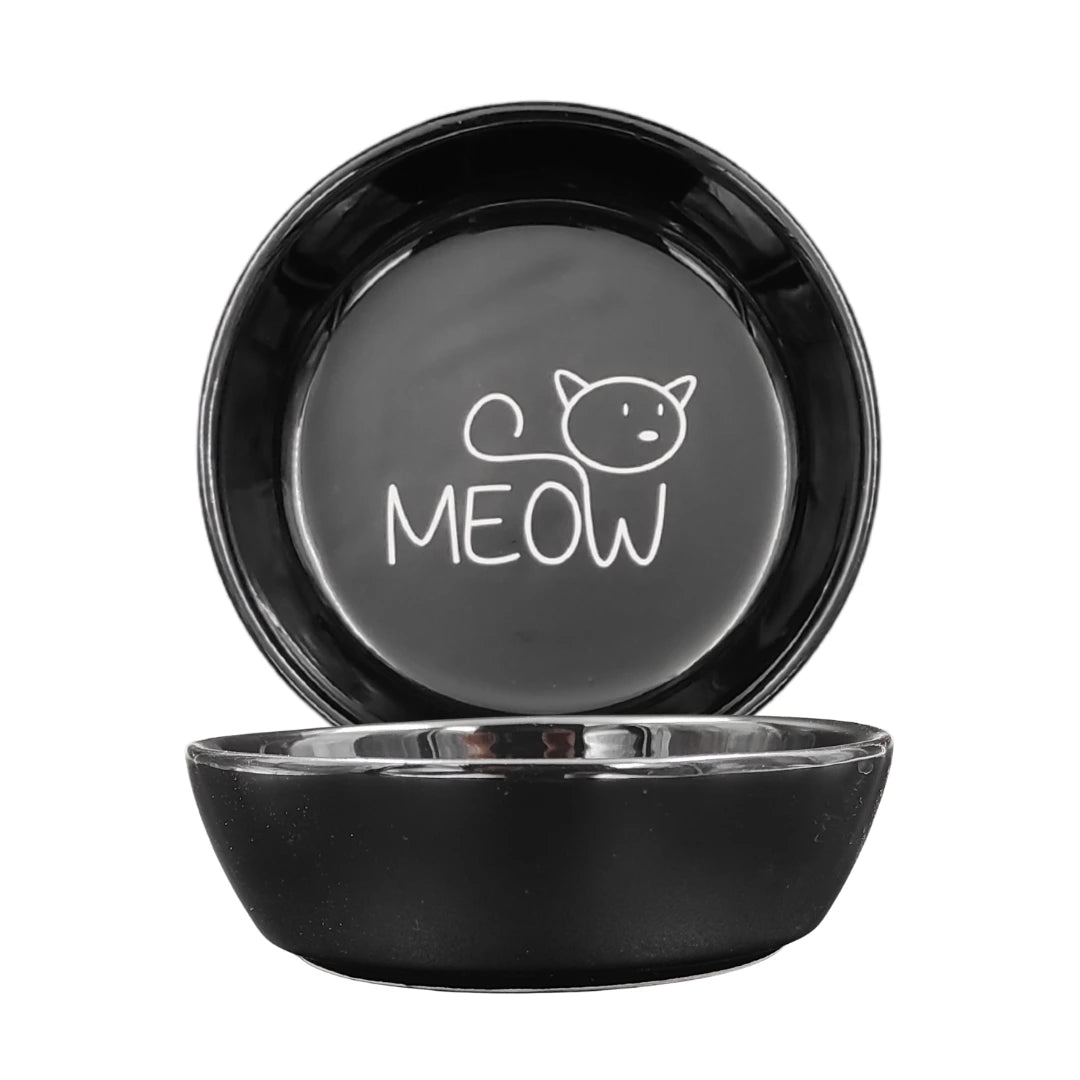 Seramik Kedi Mama ve Su Kabı | MEOW Baskılı 1 ADET Siyah KASE