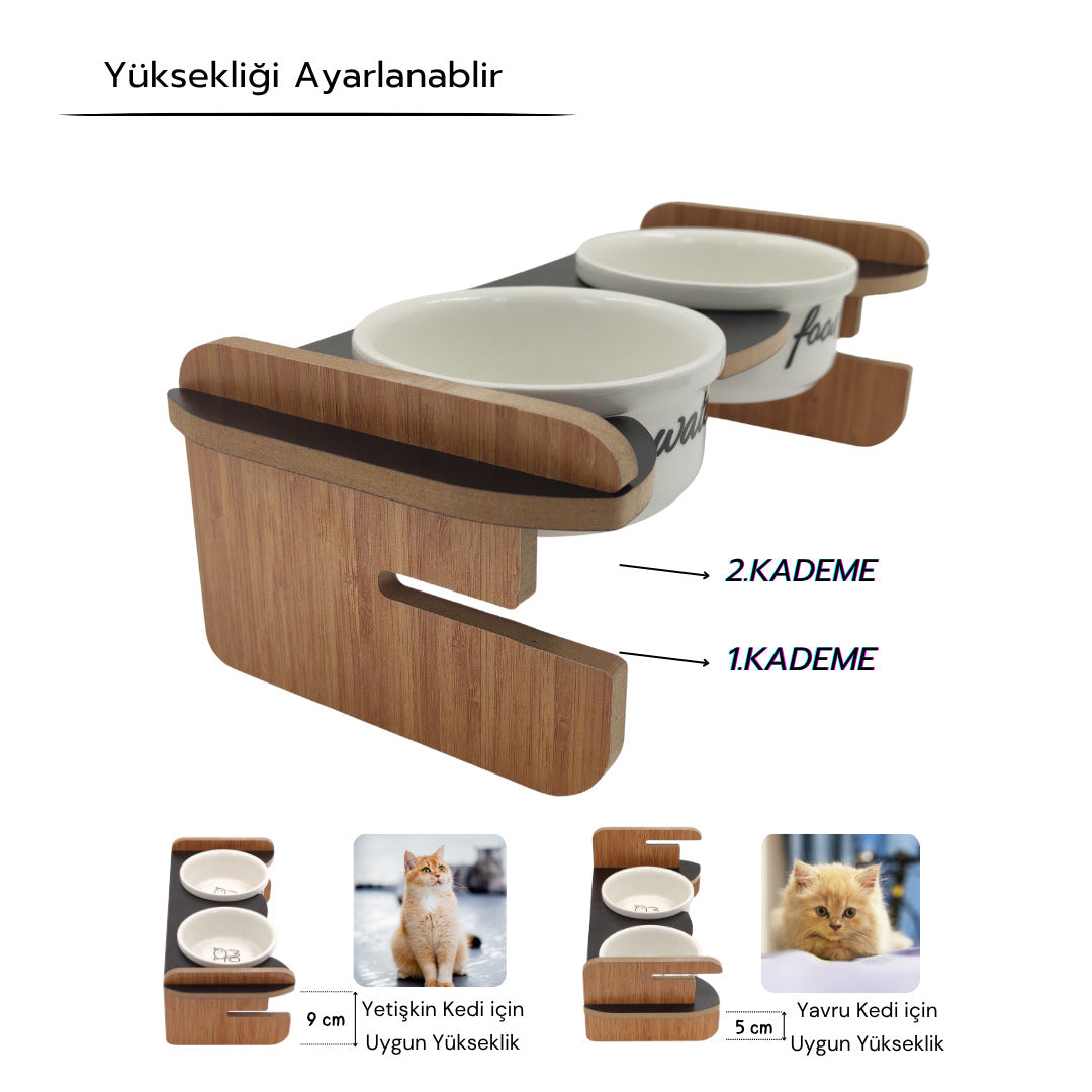 Yüksekliği Ayarlanabilir Siyah Ahşap Standlı Water-Food Baskılı Beyaz Kaseli Mama ve Su Kabı | WF.SYH.BK