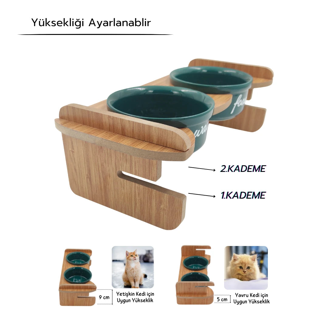 Yüksekliği Ayarlanabilir Bambu Desen Ahşap Standlı Water-Food Baskılı Yeşil Kaseli Mama ve Su Kabı | WF.FBMB.YK