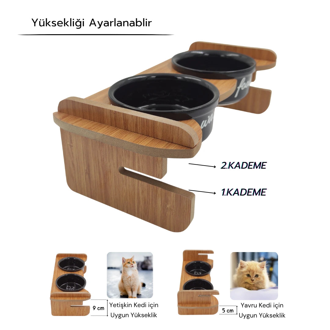 Yüksekliği Ayarlanabilir Bambu Desen Ahşap Standlı Water-Food Baskılı Siyah Kaseli Mama ve Su Kabı| WF.FBMB.SK
