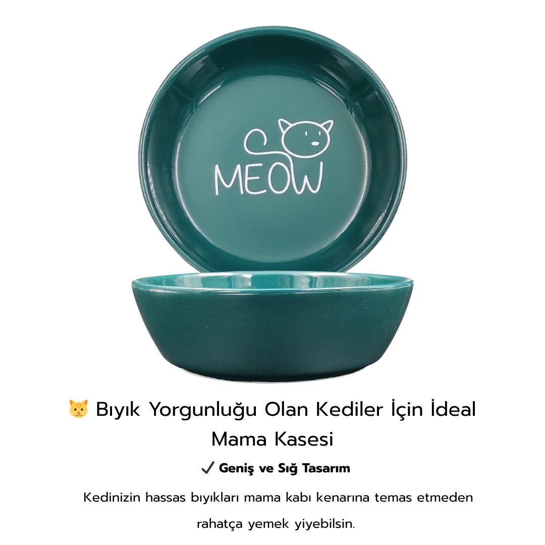 Seramik Kedi Mama ve Su Kabı | MEOW Baskılı 2 ADET Yeşil KASE
