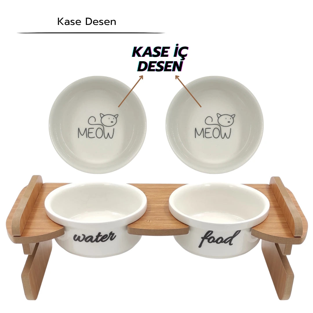 Yüksekliği Ayarlanabilir Bambu Desen Ahşap Standlı Water-Food Baskılı Beyaz Kaseli Mama ve Su Kabı | WF.FBMB.BK