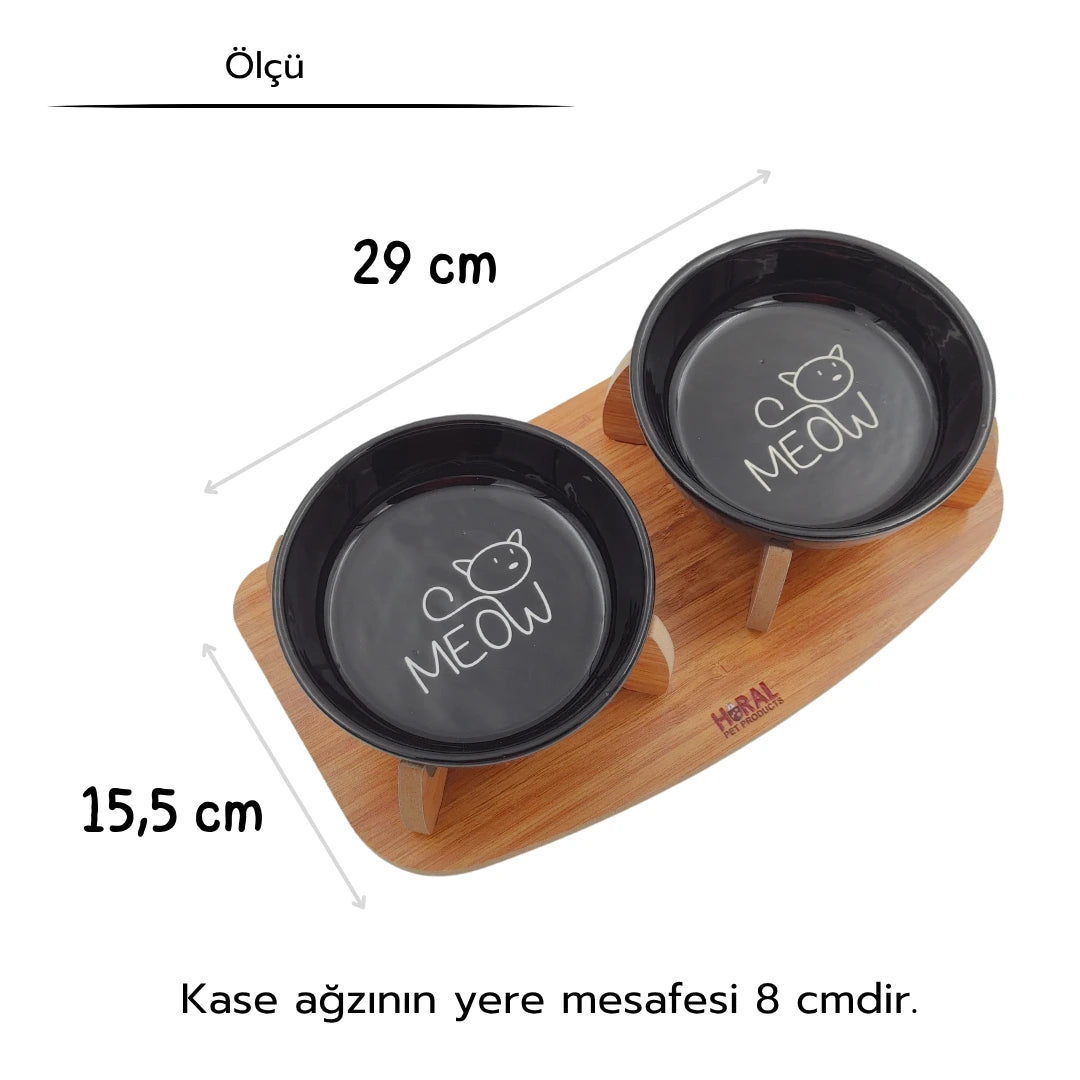 Kaydırmaz Tabanlı Seramik Kaseli Bambu Desen Ahşap Mama Ve Su Kabı – “MEOW” Siyah Baskılı Kaseler)