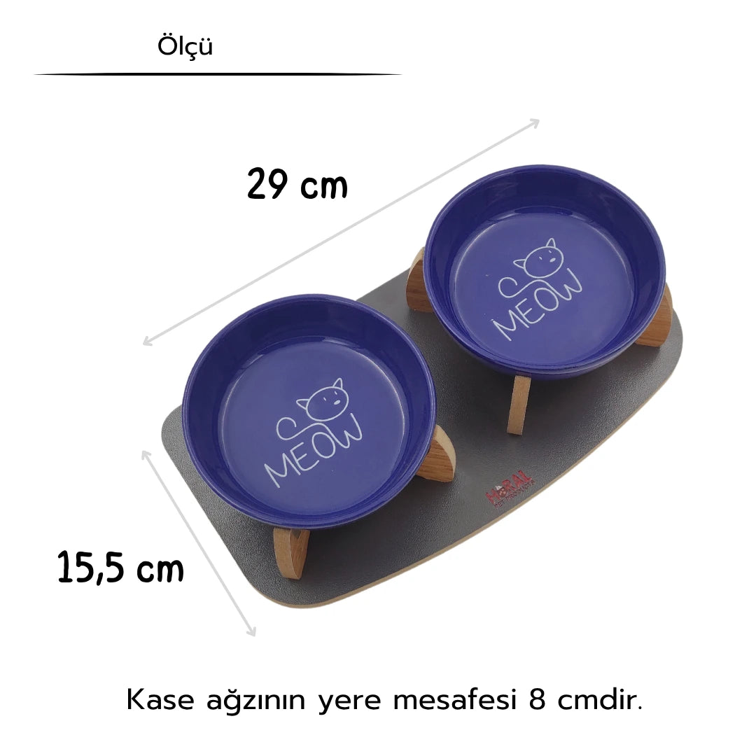 Kaydırmaz Tabanlı Seramik Kaseli Antrasit Ahşap Mama Ve Su Kabı – “MEOW” Lacivert Baskılı Kaseler