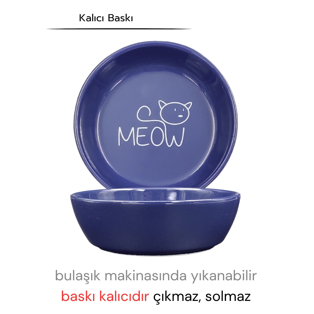 Seramik Kedi Mama ve Su Kabı | MEOW Baskılı 1 ADET Lacivert KASE