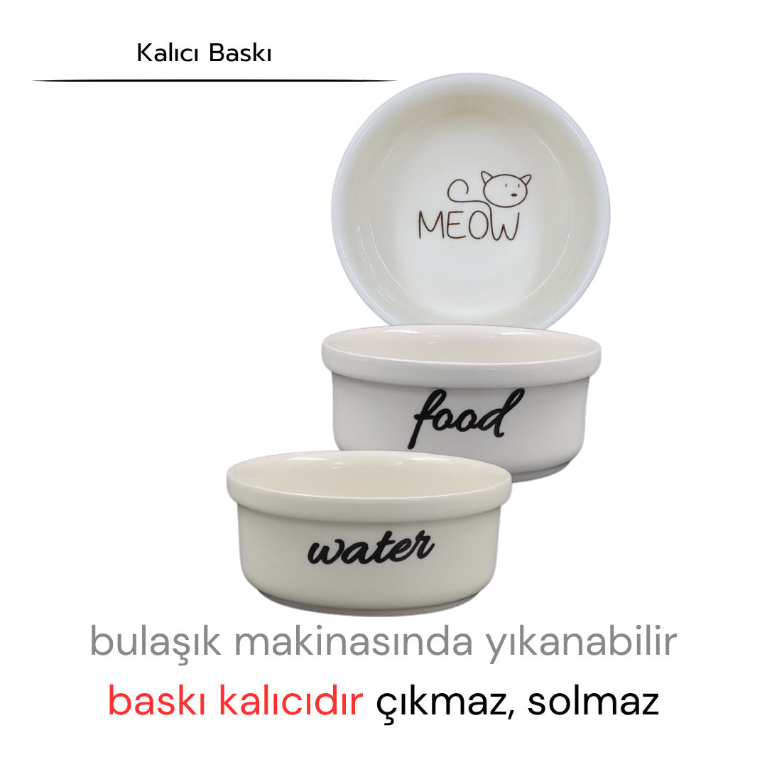 Yüksekliği Ayarlanabilir Siyah Ahşap Standlı Water-Food Baskılı Beyaz Kaseli Mama ve Su Kabı | WF.SYH.BK