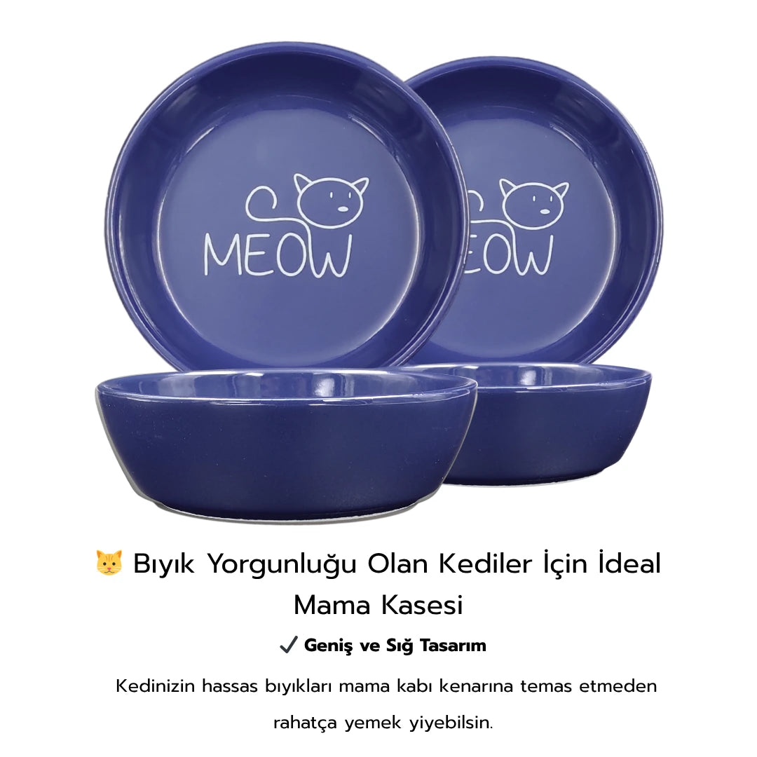 Kaydırmaz Tabanlı Seramik Kaseli Bambu Desen Ahşap Mama Ve Su Kabı – “MEOW” Lacivert Baskılı Kaseler