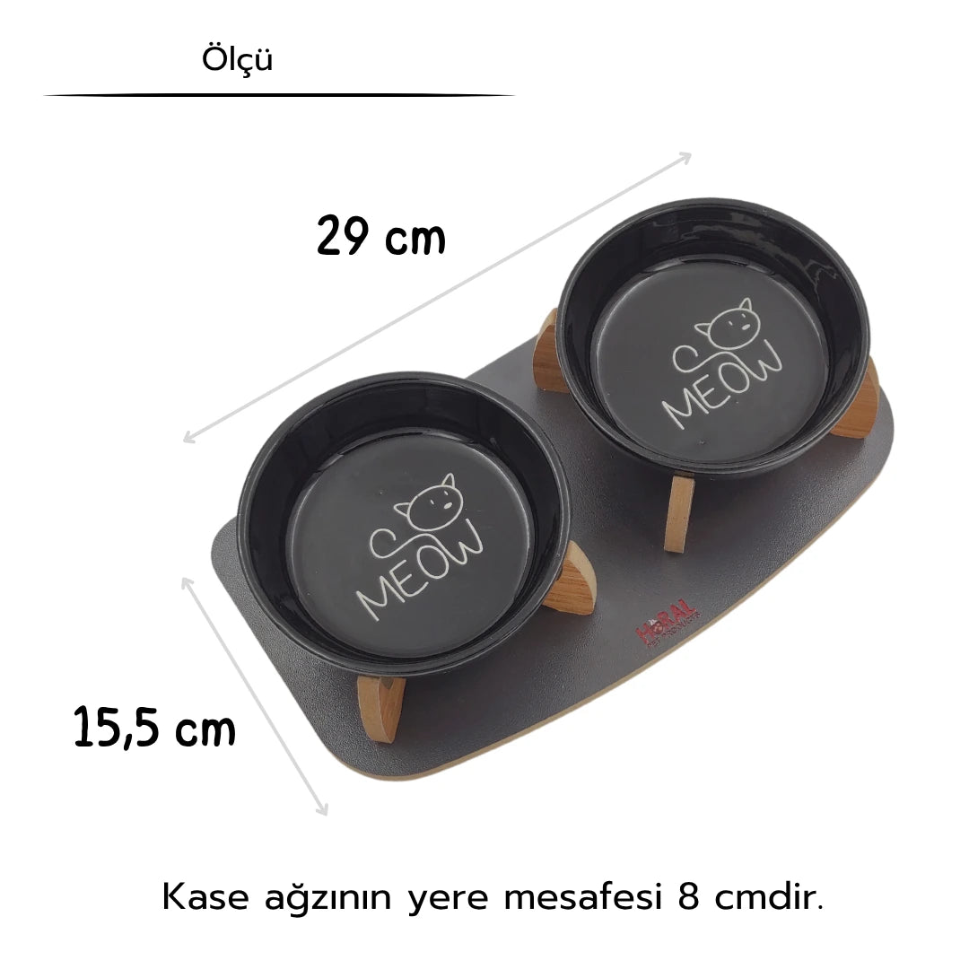 Kaydırmaz Tabanlı Seramik Kaseli Antrasit Ahşap Mama Ve Su Kabı – “MEOW” Siyah Baskılı Kaseler