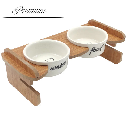 Yüksekliği Ayarlanabilir Bambu Desen Ahşap Standlı Water-Food Baskılı Beyaz Kaseli Mama ve Su Kabı | WF.FBMB.BK