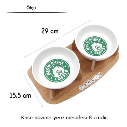 İsme Özel Kaydırmaz Tabanlı Seramik Kaseli Bambu Desen Ahşap Mama Ve Su Kabı – “MEOW BUCKS COFFEE” Baskılı Kaseler