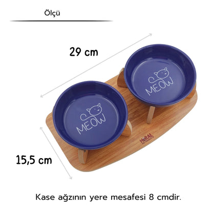 Kaydırmaz Tabanlı Seramik Kaseli Bambu Desen Ahşap Mama Ve Su Kabı – “MEOW”  Lacivert Baskılı Kaseler