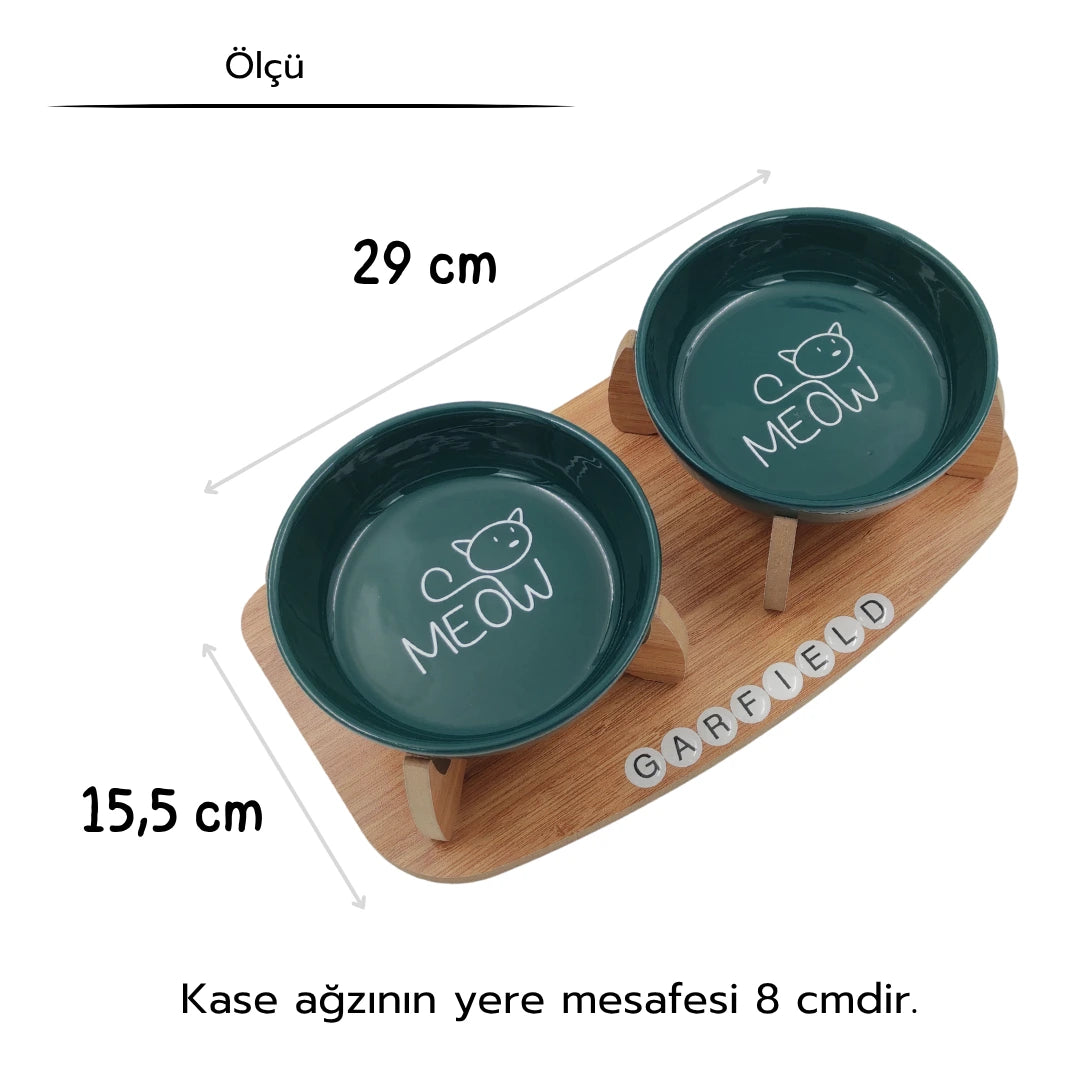 İsme Özel Kaydırmaz Tabanlı Seramik Kaseli Bambu Desen Ahşap Mama Ve Su Kabı – “MEOW” Yeşil Baskılı Kaseler