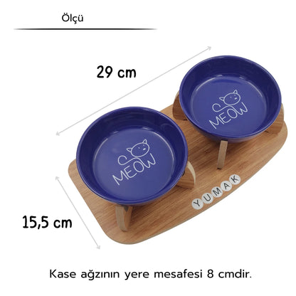 İsme Özel Kaydırmaz Tabanlı Seramik Kaseli Bambu Desen Ahşap Mama Ve Su Kabı – “MEOW” Lacivert Baskılı Kaseler