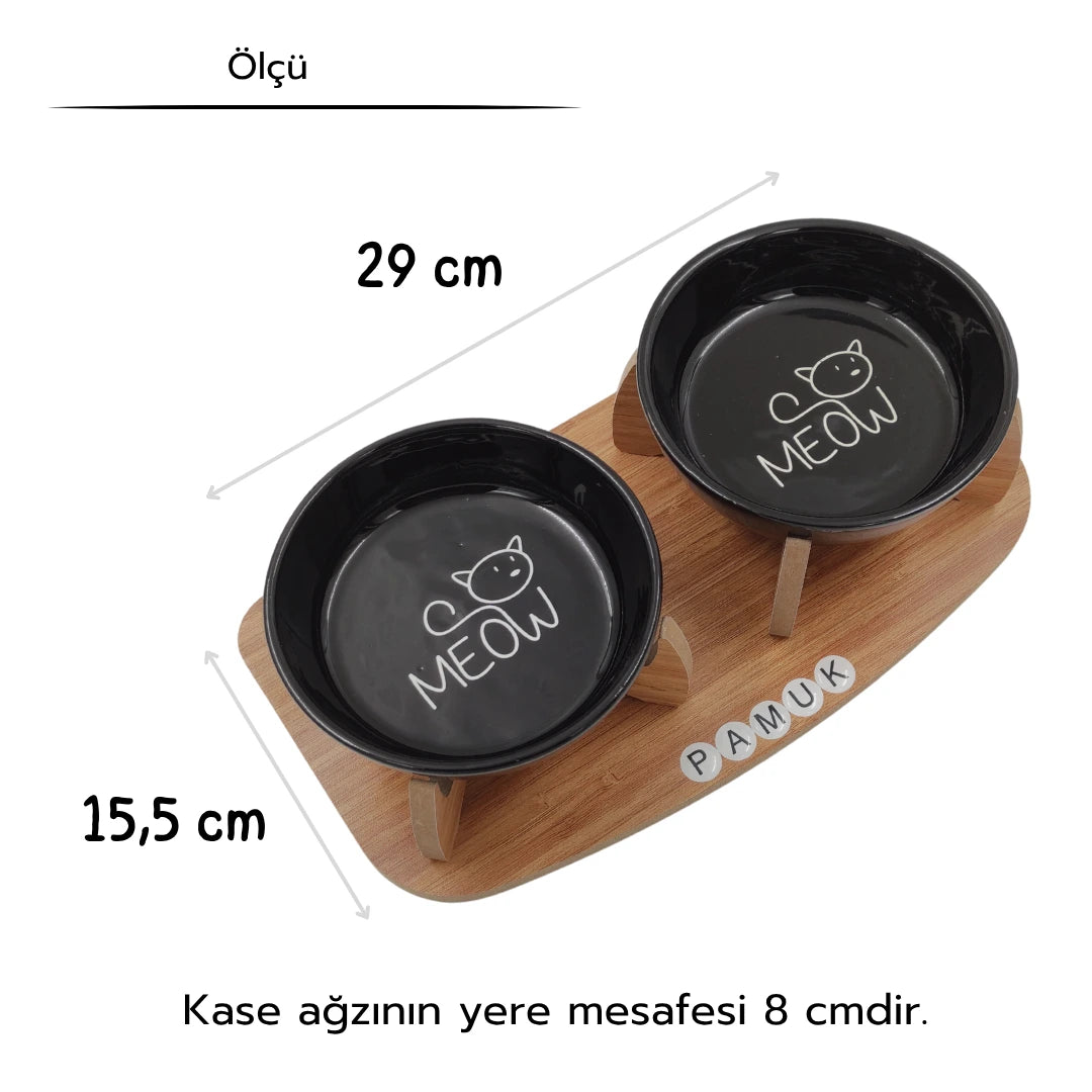 İsme Özel Kaydırmaz Tabanlı Seramik Kaseli Bambu Desen Ahşap Mama Ve Su Kabı – “MEOW” Siyah Baskılı Kaseler