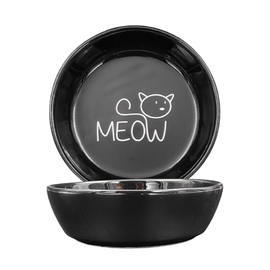 Seramik Kedi Mama ve Su Kabı | MEOW Baskılı 1 ADET Siyah KASE