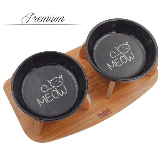 Kaydırmaz Tabanlı Seramik Kaseli Bambu Desen Ahşap Mama Ve Su Kabı – “MEOW”  Siyah Baskılı Kaseler)