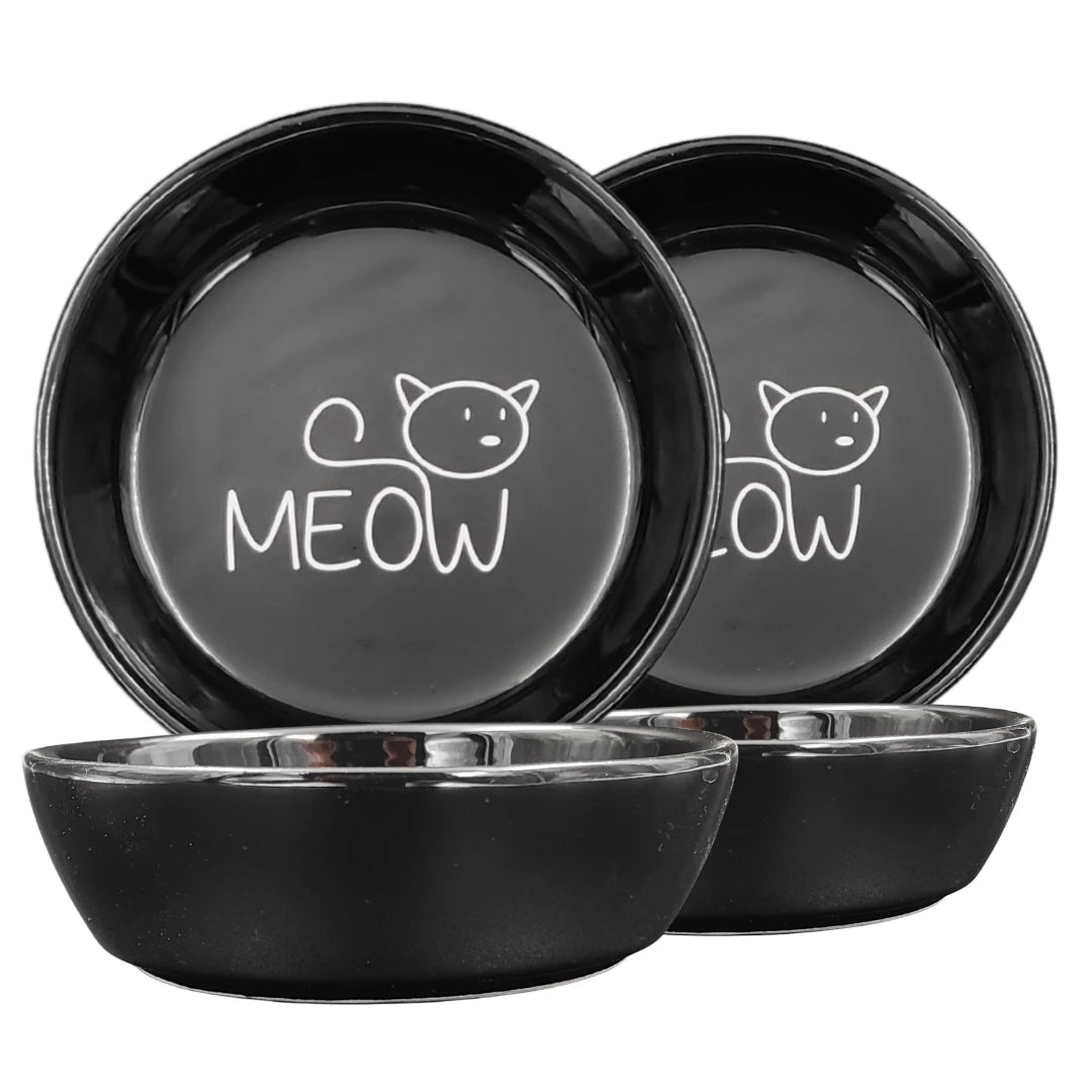 Seramik Kedi Mama ve Su Kabı | MEOW Baskılı 2 ADET Siyah KASE