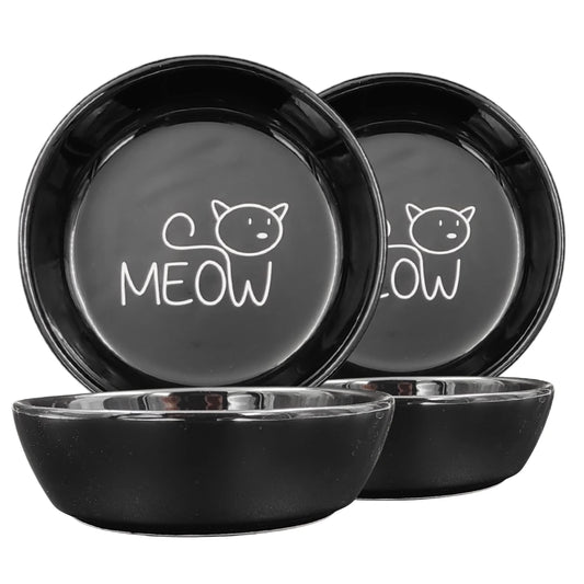 Seramik Kedi Mama ve Su Kabı | MEOW Baskılı 2 ADET Siyah KASE