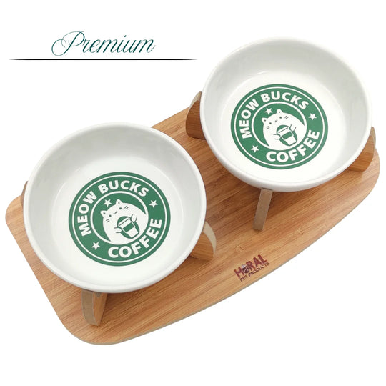 Kaydırmaz Tabanlı Seramik Kaseli Bambu Desen Ahşap Mama Ve Su Kabı – “MEOW BUCKS COFFEE” Baskılı Kaseler