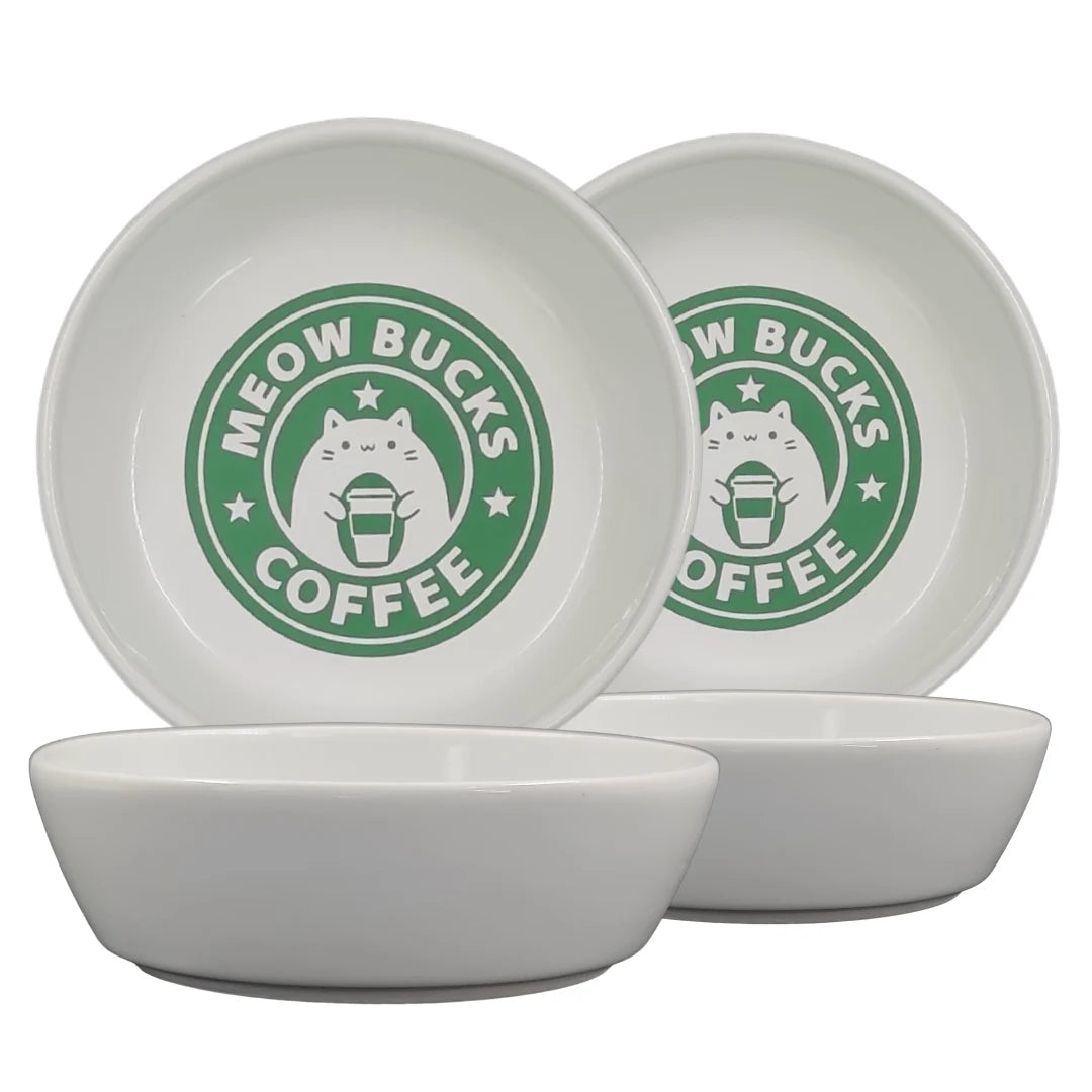 Seramik Kedi Mama ve Su Kabı | MEOW BUCKS COFFEE Baskılı | 2 ADET KASE