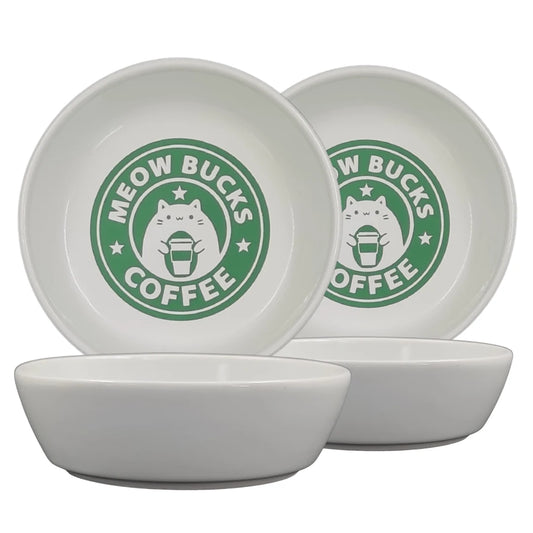 Seramik Kedi Mama ve Su Kabı | MEOW BUCKS COFFEE Baskılı | 2 ADET KASE