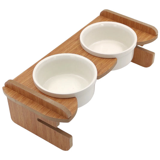 Yüksekliği Ayarlanabilir Seramik Kaseli | Bambu Desen Ahşap Standlı Mama ve Su Kabı | Beyaz Kaseli | MAK.YA.2.FBMB.BK