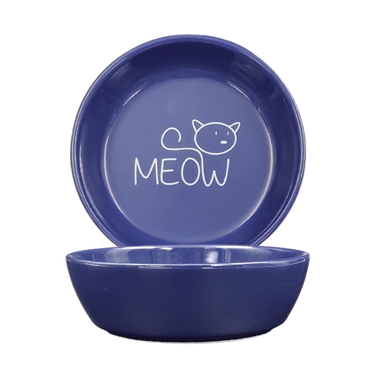 Seramik Kedi Mama ve Su Kabı | MEOW Baskılı 1 ADET Lacivert KASE