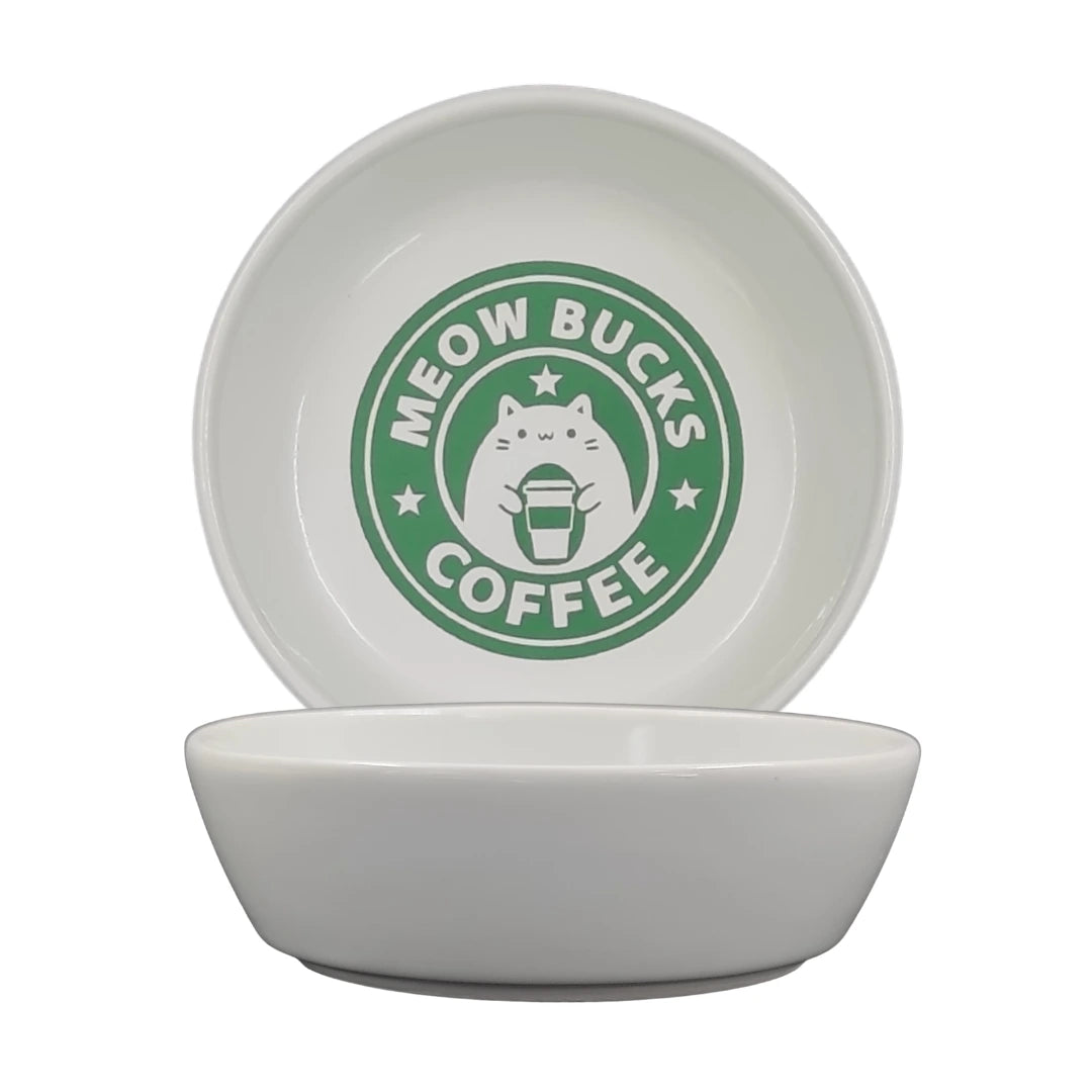 Seramik Kedi Mama ve Su Kabı | MEOW BUCKS COFFEE Baskılı | 1 ADET KASE