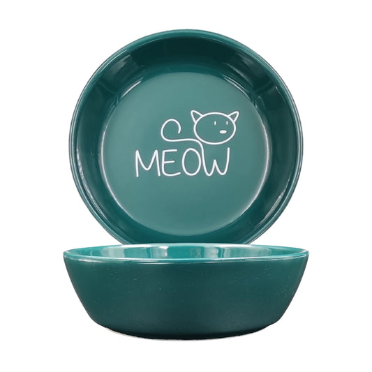 Seramik Kedi Mama ve Su Kabı | MEOW Baskılı 1 ADET Yeşil KASE