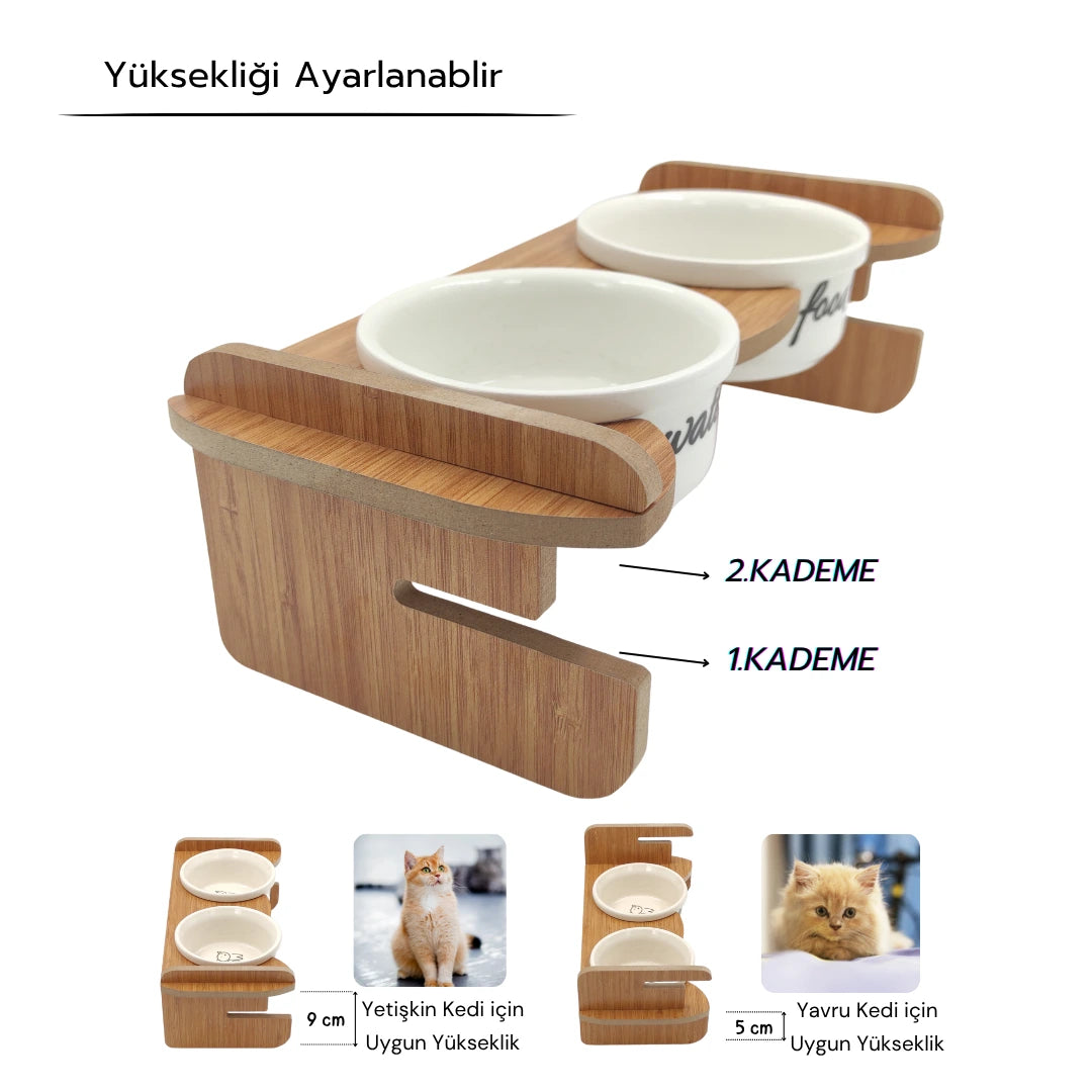 Yüksekliği Ayarlanabilir Bambu Desen Ahşap Standlı Water-Food Baskılı Beyaz Kaseli Mama ve Su Kabı | WF.FBMB.BK