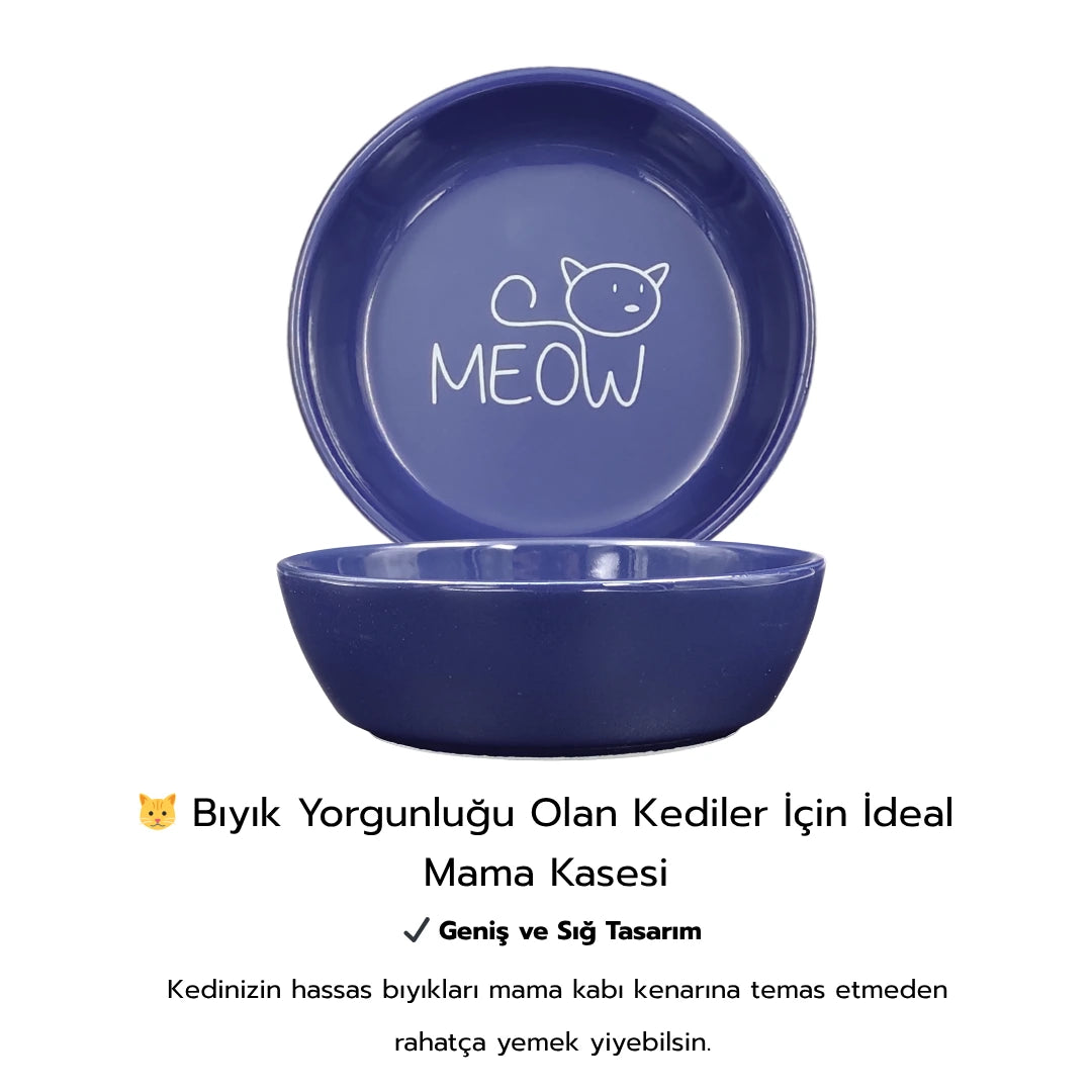 İsme Özel Kaydırmaz Tabanlı Seramik Kaseli Antrasit Ahşap Mama Ve Su Kabı – “MEOW” Lacivert Baskılı Kaseler