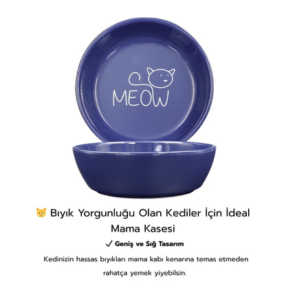 İsme Özel Kaydırmaz Tabanlı Seramik Kaseli Antrasit Ahşap Mama Ve Su Kabı – “MEOW” Lacivert Baskılı Kaseler