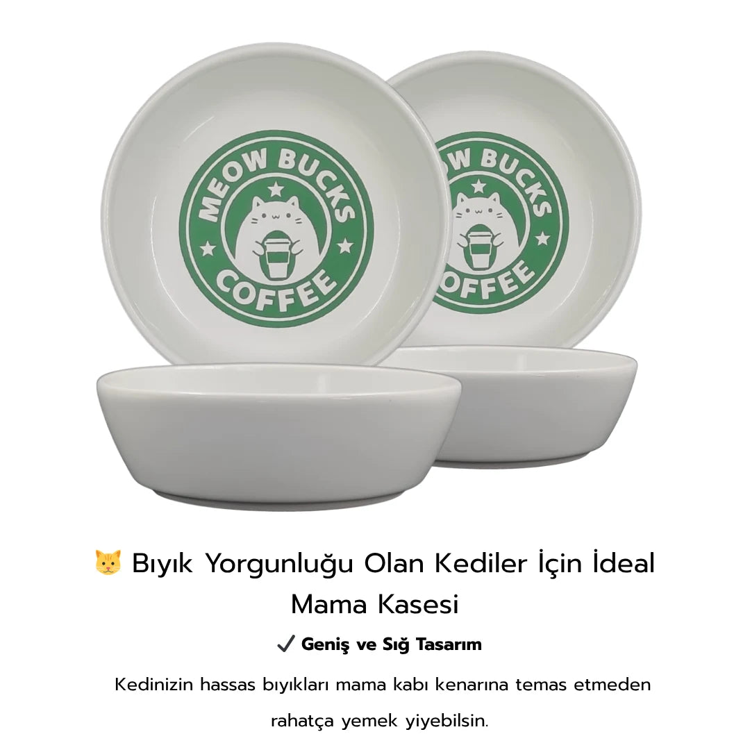 İsme Özel Kaydırmaz Tabanlı Seramik Kaseli Antrasit Ahşap Mama Ve Su Kabı – “MEOW BUCKS COFFEE” Baskılı Kaseler