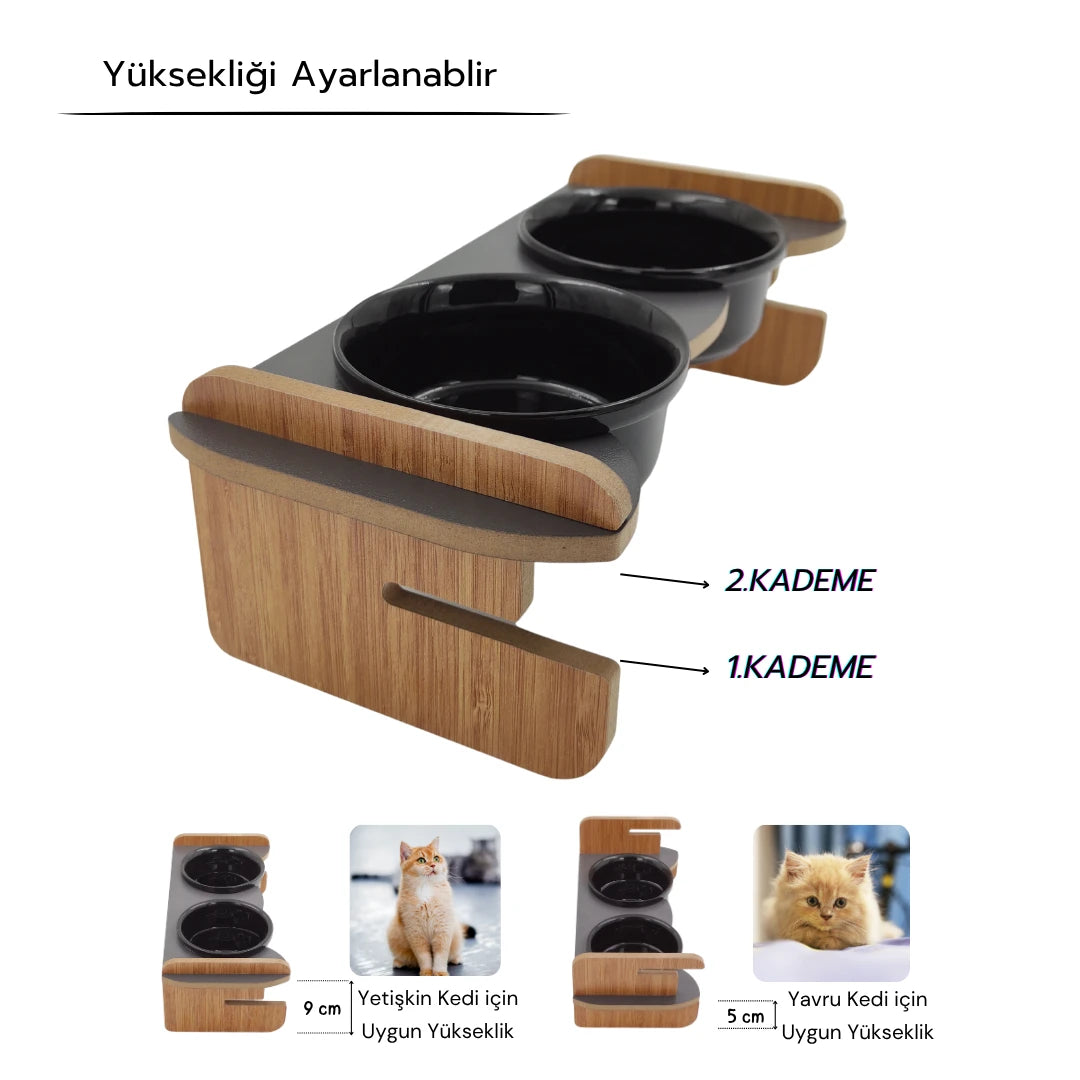 Yüksekliği Ayarlanabilir Seramik Kaseli | Antrasit Ahşap Standlı Mama ve Su Kabı | Siyah Kaseli | MAK.YA.2.ANT.SK