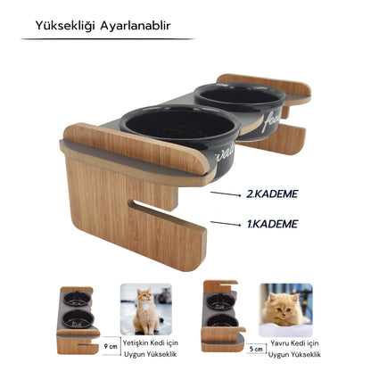Yüksekliği Ayarlanabilir Antrasit Ahşap Standlı Water-Food Baskılı Siyah Kaseli Mama ve Su Kabı | WF.ANT.SK