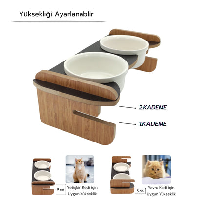 Yüksekliği Ayarlanabilir Seramik Kaseli Ahşap Standlı Mama ve Su Kabı | MAK.YA.2.SYH.BK