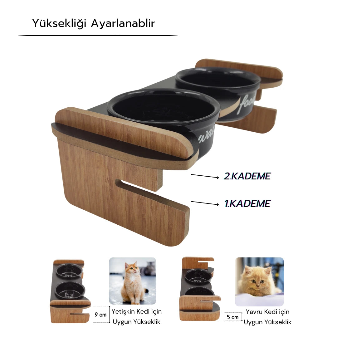 Yüksekliği Ayarlanabilir Siyah Ahşap Standlı Water-Food Baskılı Siyah Kaseli Mama ve Su Kabı | WF.SYH.SK