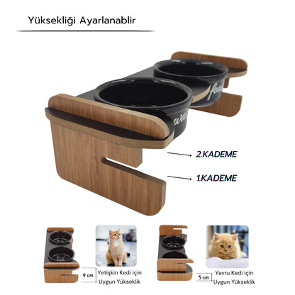 Yüksekliği Ayarlanabilir Siyah Ahşap Standlı Water-Food Baskılı Siyah Kaseli Mama ve Su Kabı | WF.SYH.SK