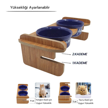 Yüksekliği Ayarlanabilir Bambu Desen Ahşap Standlı Water-Food Baskılı Lacivert Kaseli Mama ve Su Kabı | WF.FBMB.LK