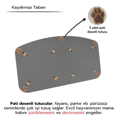 İsme Özel Kaydırmaz Tabanlı Seramik Kaseli Antrasit Ahşap Mama Ve Su Kabı – “MEOW” Lacivert Baskılı Kaseler