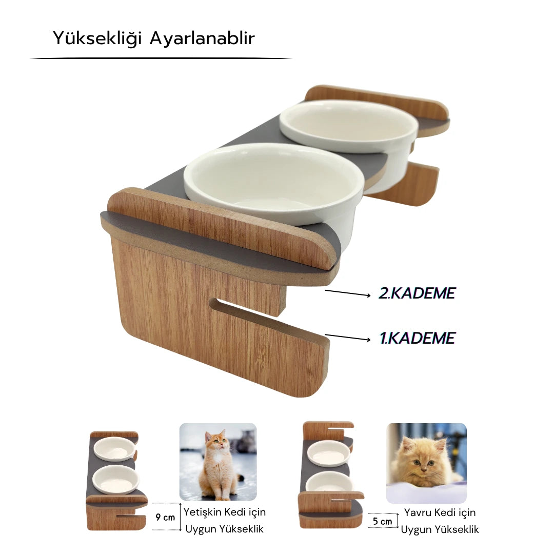 Yüksekliği Ayarlanabilir Seramik Kaseli | Antrasit Ahşap Standlı Mama ve Su Kabı | Beyaz Kaseli | MAK.YA.2.ANT.BK
