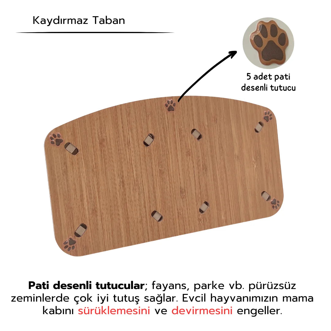 Kaydırmaz Tabanlı Seramik Kaseli Bambu Desen Ahşap Mama Ve Su Kabı – “MEOW” Yeşil Baskılı Kaseler