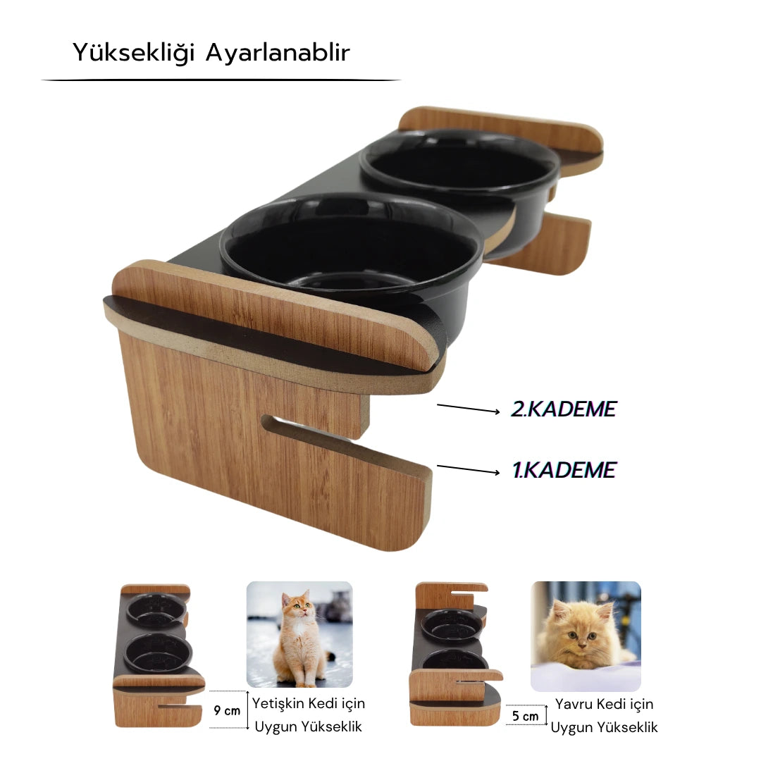 Yüksekliği Ayarlanabilir Seramik Kaseli | Siyah Ahşap Standlı Mama ve Su Kabı | Siyah Kaseli | MAK.YA.2.SYH.SK