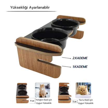 Yüksekliği Ayarlanabilir Seramik Kaseli | Siyah Ahşap Standlı Mama ve Su Kabı | Siyah Kaseli | MAK.YA.2.SYH.SK