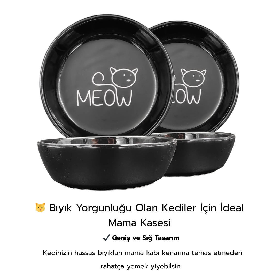 İsme Özel Kaydırmaz Tabanlı Seramik Kaseli Bambu Desen Ahşap Mama Ve Su Kabı – “MEOW” Siyah Baskılı Kaseler