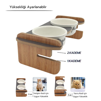Yüksekliği Ayarlanabilir Antrasit Ahşap Standlı Water-Food Baskılı Beyaz Kaseli Mama ve Su Kabı|  WF.ANT.BK