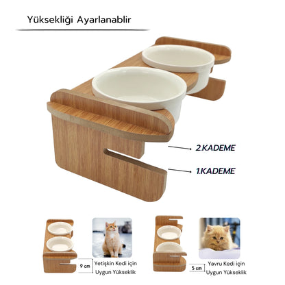 Yüksekliği Ayarlanabilir Seramik Kaseli | Bambu Desen Ahşap Standlı Mama ve Su Kabı | Beyaz Kaseli | MAK.YA.2.FBMB.BK