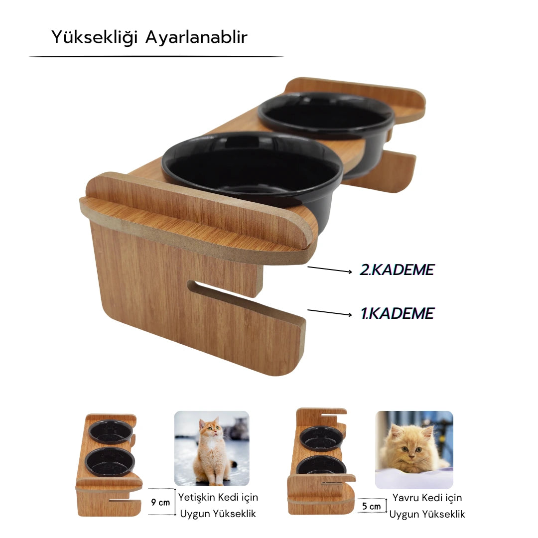 Yüksekliği Ayarlanabilir Seramik Kaseli | Bambu Desen Ahşap Standlı Mama ve Su Kabı | Siyah Kaseli | MAK.YA.2.FBMB.SK