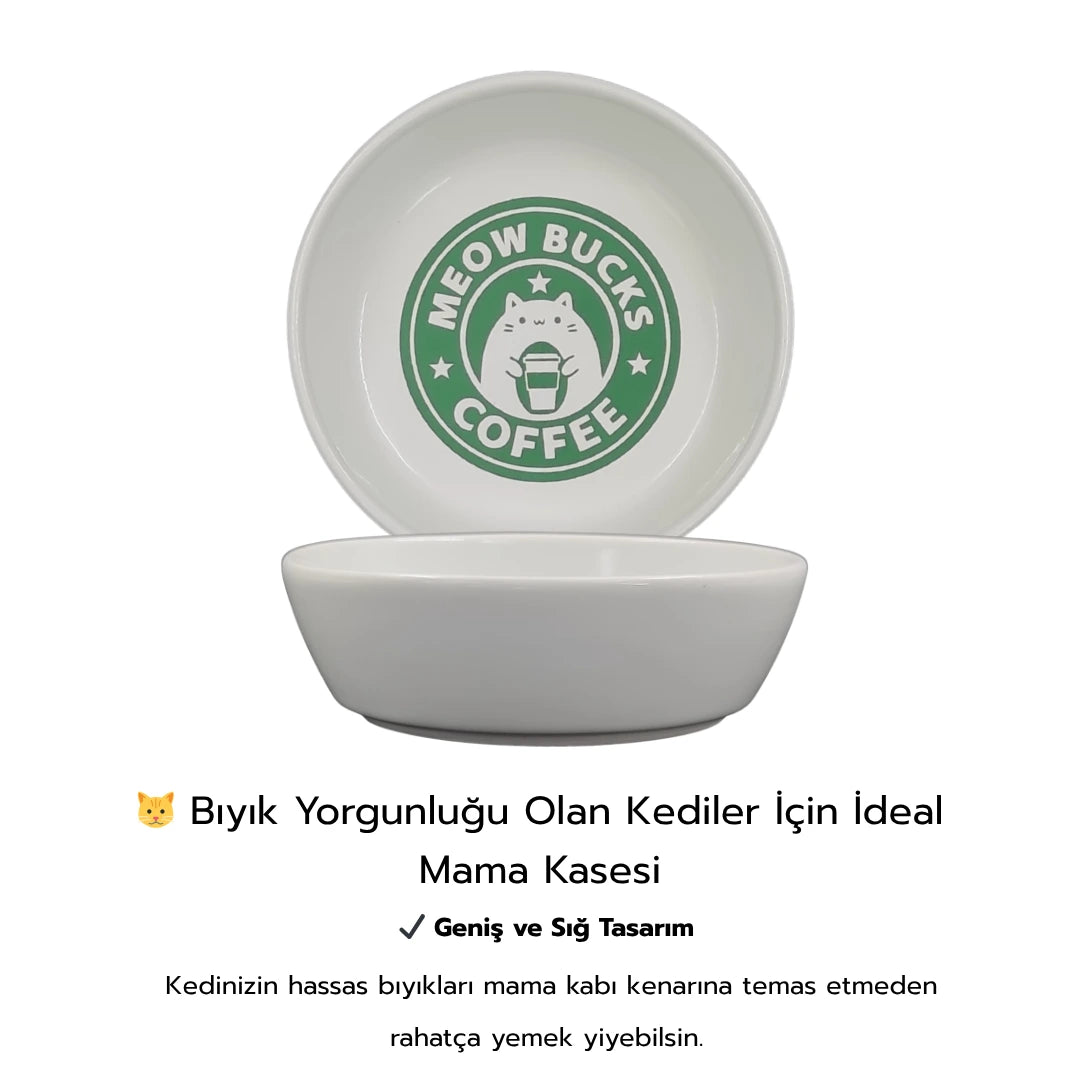 Seramik Kedi Mama ve Su Kabı | MEOW BUCKS COFFEE Baskılı | 1 ADET KASE