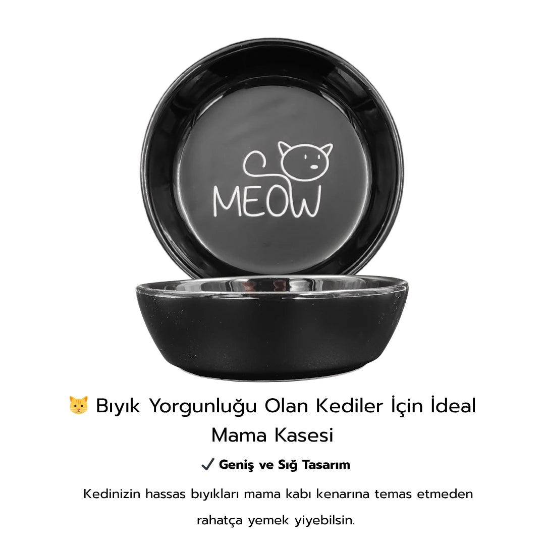 Seramik Kedi Mama ve Su Kabı | MEOW Baskılı 2 ADET Siyah KASE